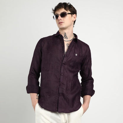 Campus Sutra Mens Plum Purple Embroidered One-Lined Shirt for Casual Wear | Spread Collar | Long Sleeve | Button Closure | Shir