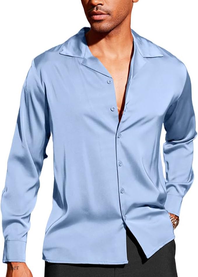 CB-COLEBROOK Men Luxury Satin Silk Dress Shirt - Long Sleeve, Satin, Shiny Button Down, Prom, Wedding Party Shirt (in, Alpha, L,