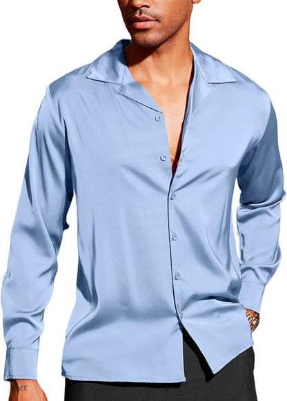 CB-COLEBROOK Men Luxury Satin Silk Dress Shirt - Long Sleeve, Satin, Shiny Button Down, Prom, Wedding Party Shirt (in, Alpha, L,