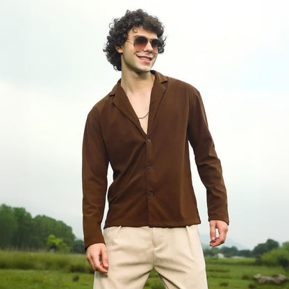 Campus Sutra Mens Chocolate Brown Ribbed Oversized Shirt for Casual Wear | Cuban Collar | Long Regular Sleeves | Button Closure