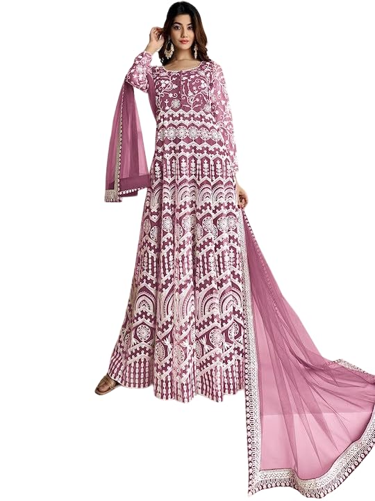 PATLANI Womens Naylon Net Embroiered Full Stitched Gown with Dupatta. Purple