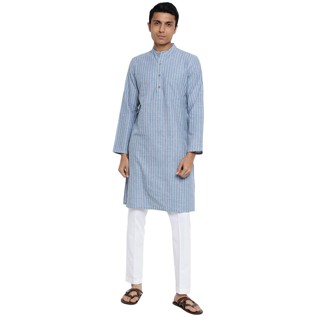 Fabindia Men Cotton Striped Long Kurta Blue_M
