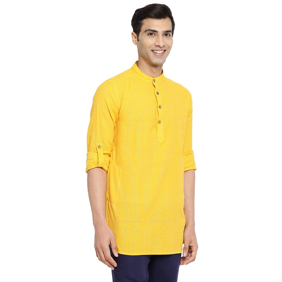 Fabindia MenS Cotton Dobby Slim Kurta (102895301_Yellow