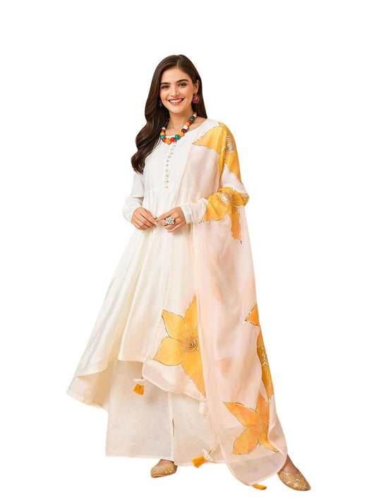 ishin Women Solid off-white anarkali kurta with pants and floral dupatta