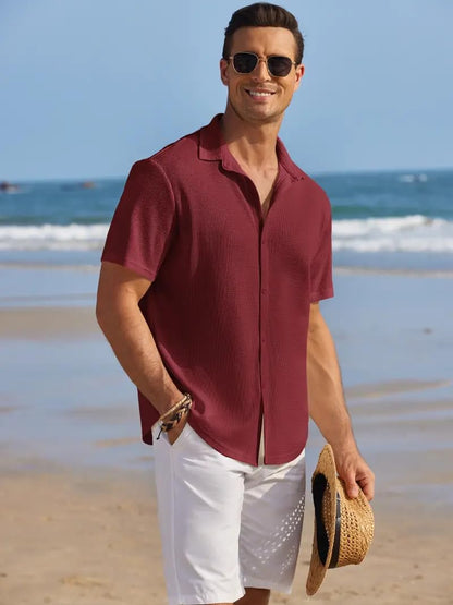 CB-COLEBROOK Mens Waffle Knit Textured Button-Down Wrinkle Free Casual Shirts, Short Sleeves, Summer Beach Tops (in, Alpha, XL,