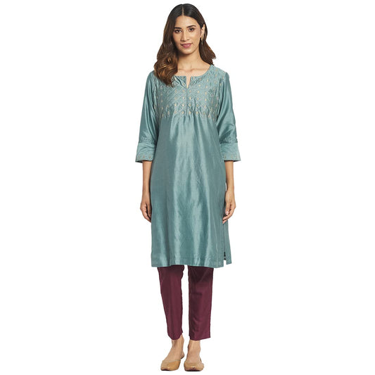 Fabindia Women Cotton Silk Embroidered Knee Length Kurta Blue