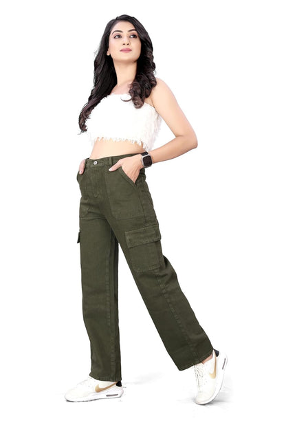 ELLITI Womens 6 Pocket Regular Fit High Rise Relaxed/Boyfriend Fit, Wide Leg, Bell Bottom, Pure Denim Ankle Length Jeans Pants