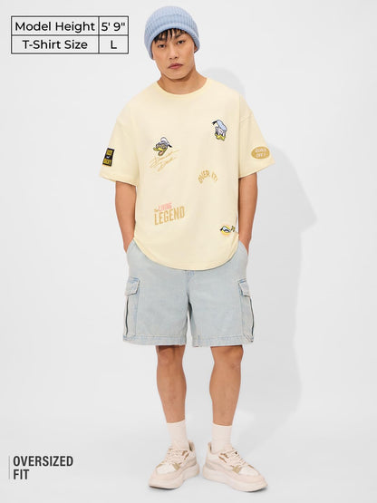 The Souled Store Official Donald Duck: Quack Off Men and Boys Short Sleeves Round Neck Yello Embroidered Cotton Oversized T-Shir
