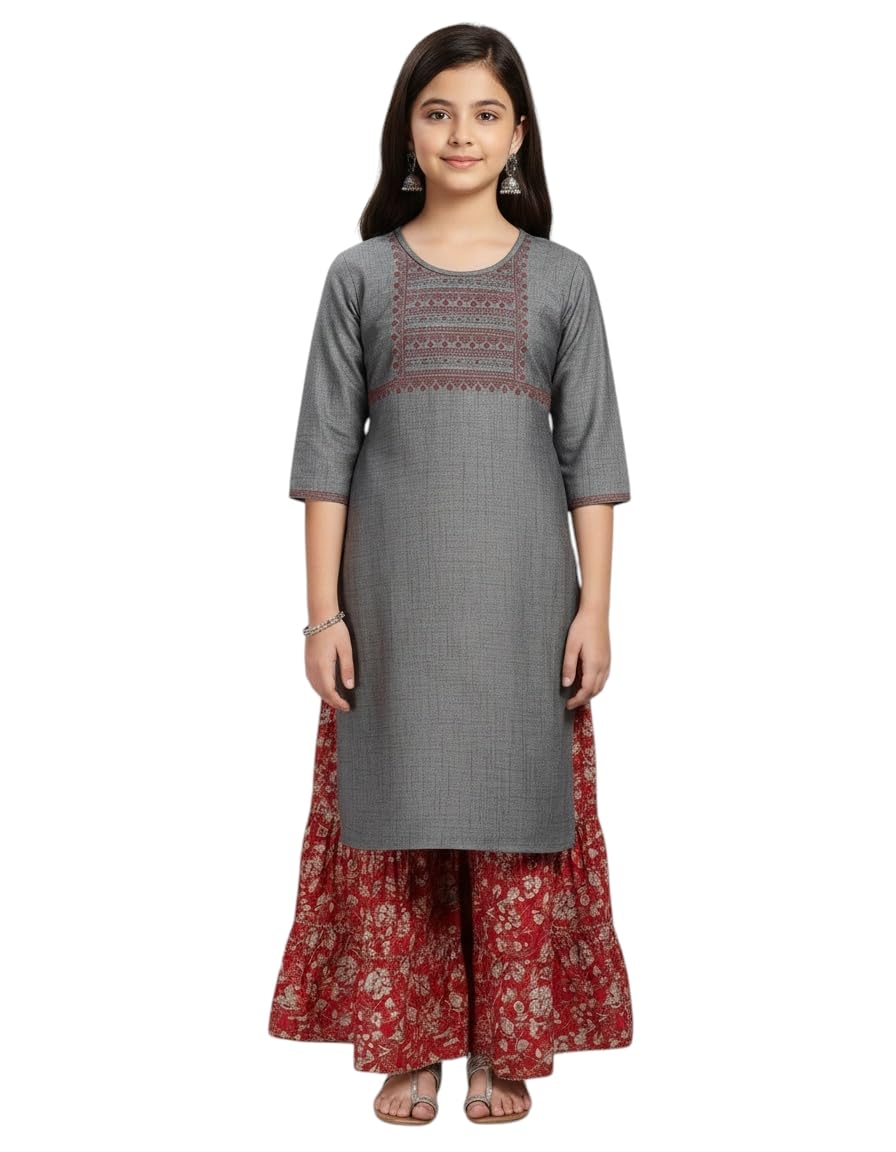 Aarika Girls Casual Wear Grey Colour Tribal Print Cotton Kurti-(8-15 Years)-(OCT_KURTI-A-18-BLACK-36)