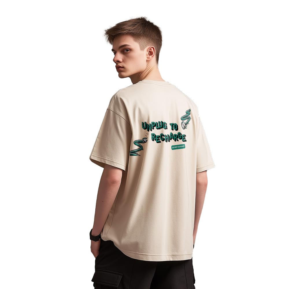 Nobero MenS Graphic Print Oversized Fit T-Shirt (1M-Twrt-C1005-Bs_Unplug-Sand