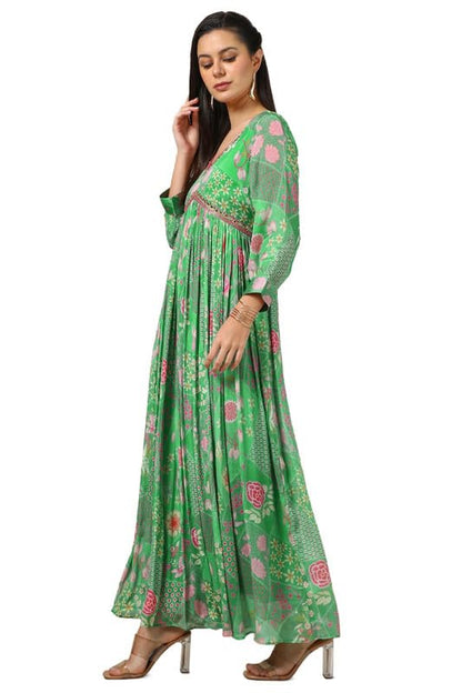 Soch Womens Light Green Chinon Floral Print Dress With Faux Mirror And Sequins