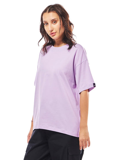 Bewakoof Womens Loose Fit Solid Lavender Round Neck Half Sleeve T-Shirt