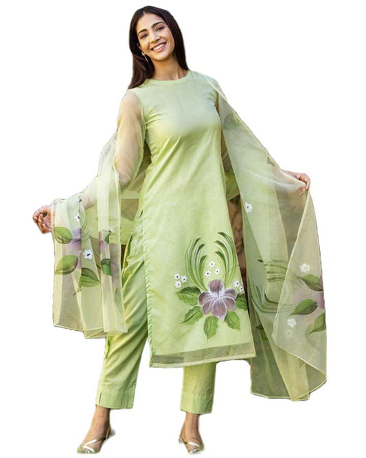 GoSriKi Women's Chanderi Cotton Straight Printed Kurta with Pant & Dupatta (Idika Green-GS)