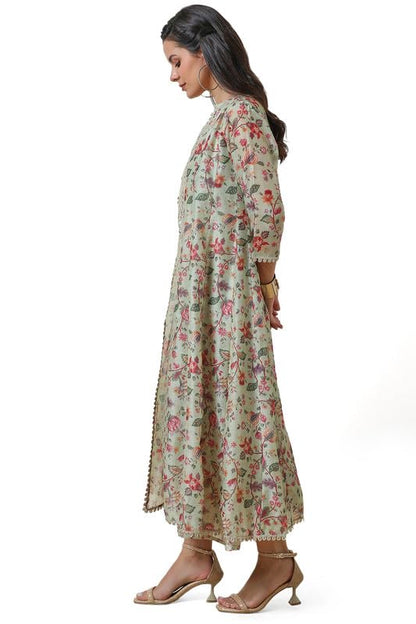 Soch Womens Sap Green Printed Chanderi Blend Dress With Jacket