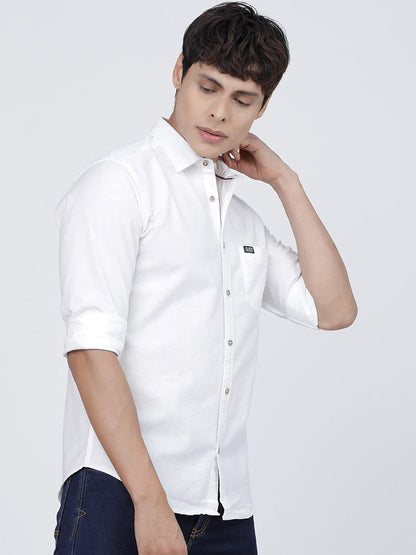 The Indian Garage Co Men White Solid Slim Fit Linen Casual Shirt