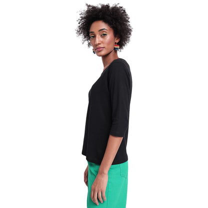 Bewakoof Womens Solid 100% Cotton T-Shirt - Slim Fit, Round Neck, 3/4 Sleeves