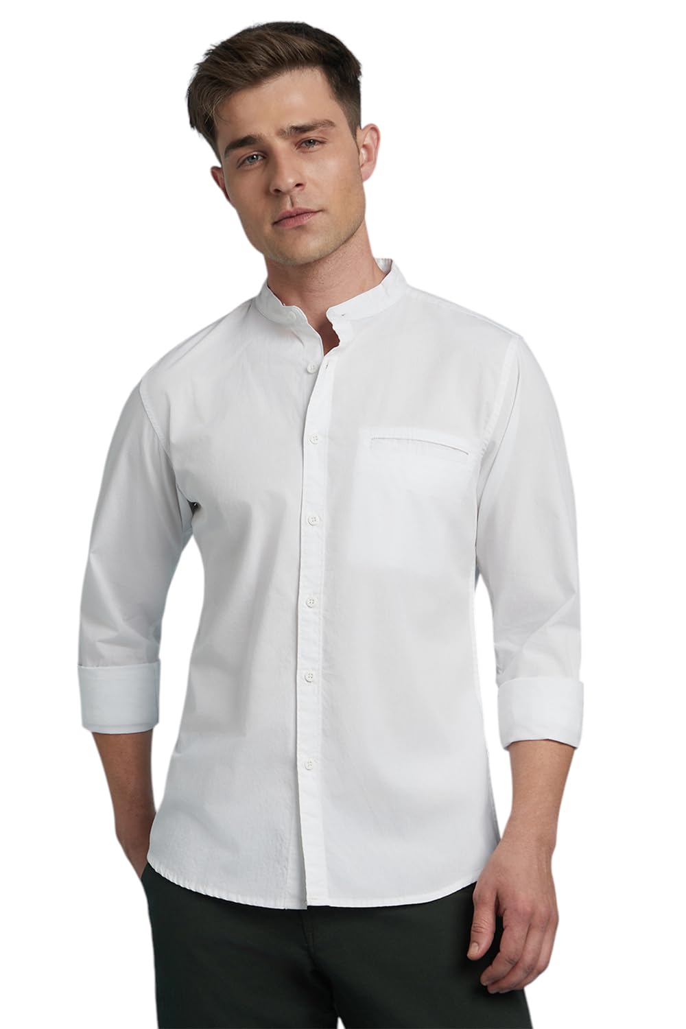 Dennis Lingo Men Solid Mandarin Collar Full Sleeves Regular Fit Casual Shirt Paper White