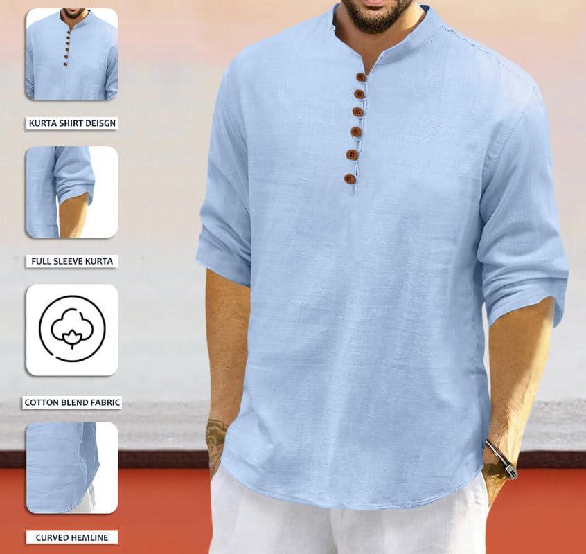 Macsivo MenS Cotton Blend Short Kurta With Solid Mandarin Collared Full Sleeve Curved Hem Length | Kurta For Men Stylish Sky Bl