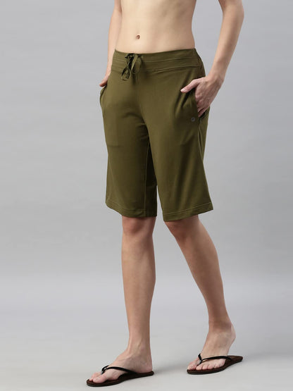 Enamor Essentials Womens Mid Rise Slim Fit Breathable Stretch Cotton Knee Length City Shorts with Invisible Zipper Pockets- E04