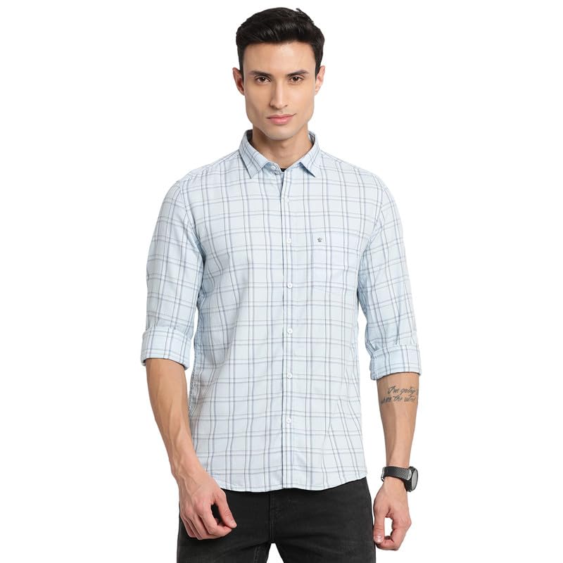 Turtle Men 100% Cotton Sky Blue Checkered Slim Fit Full Sleeve Casual Shirt