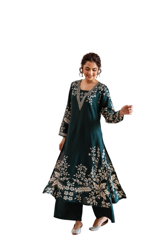 ishin Green Rayon Floral Printed Kurta with Solid Pants