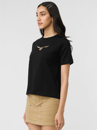 The Souled Store Harry Potter: Golden Snitch Women and Girls Short Sleeves Round Neck Black Embroidered Cotton Relaxed Fit T-Shi