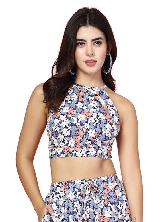OOMPH! Halter Neck Crepe Crop Top, Blue, mt1006