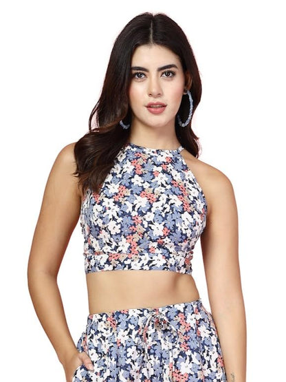 OOMPH! Halter Neck Crepe Crop Top, Blue, mt1006