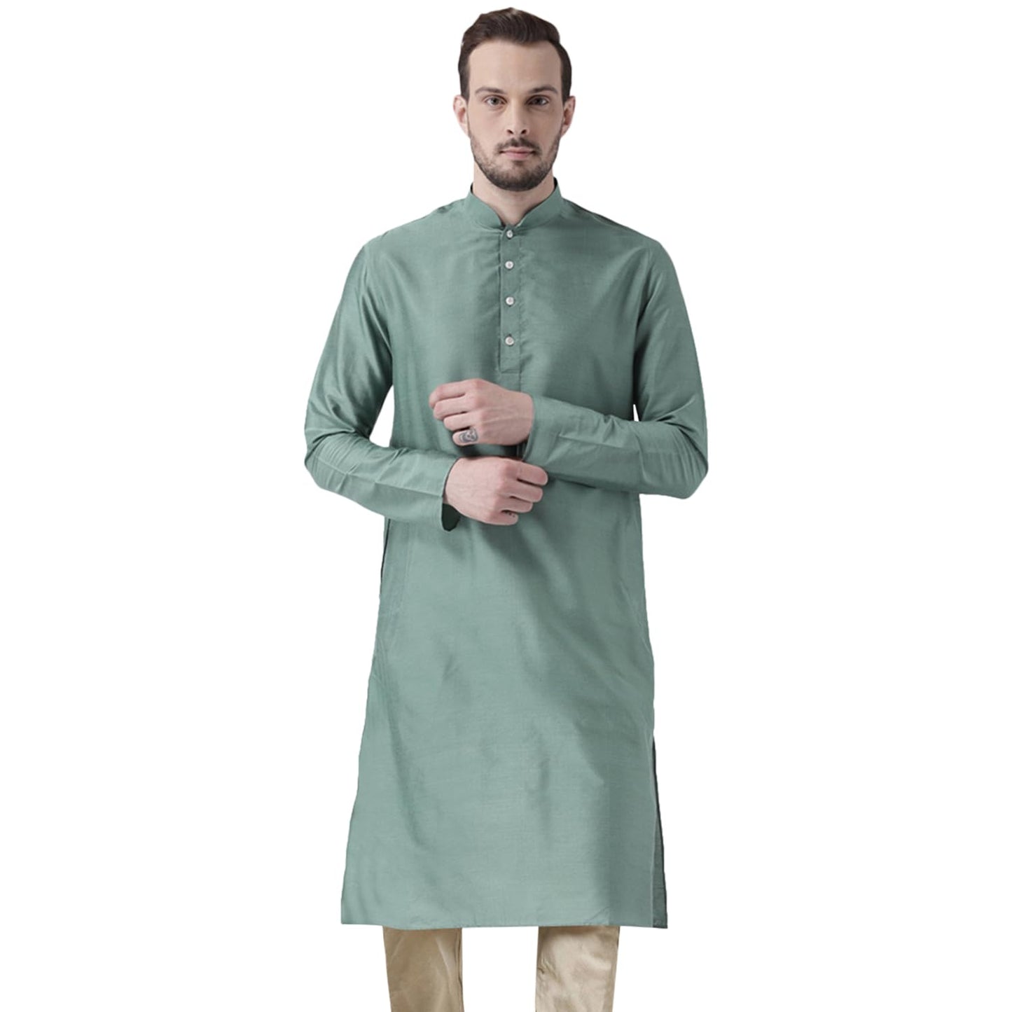 Kisah Men Sea Green Solid Straight Kurta Full Sleaves, Knee Length, Straight, Regular Fit, Mandarin Collar Ethnic Wear