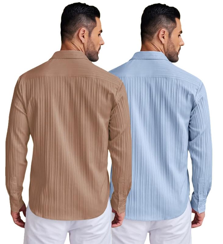 Deelmo Combo Of MenS Casual Button Down Shirts Long Sleeve Linen Shirt Fashion Textured Summer Shirts Pack Of 2