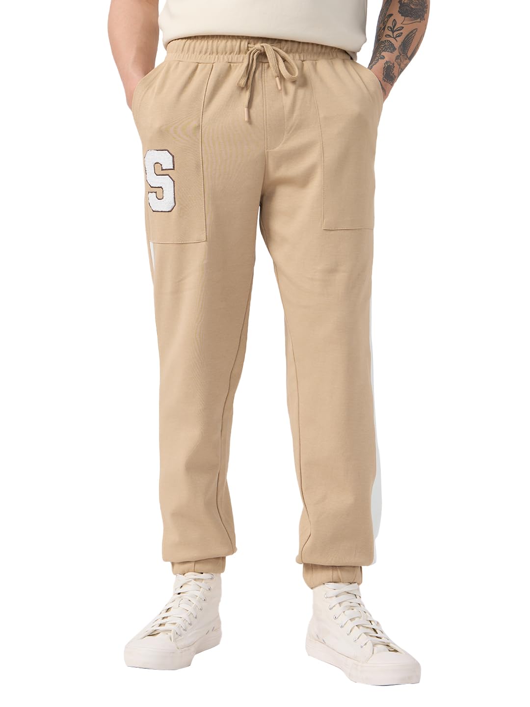 The Souled Store Souled Men and Boys Drawstringed Beige Embroidered Cotton Baggy Fit Joggers