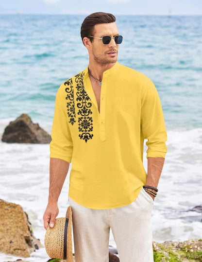 Finivo Fashion MenS Regular Fit Cotton Blend Short Kurta Shirt | Full Sleeve Ethnic Shirt With Mandarin Collar And Button Plack
