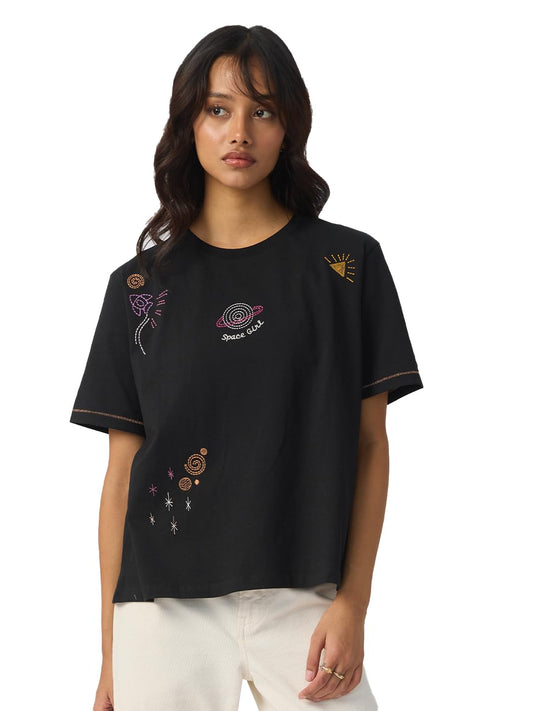 The Souled Store Space Girl Women and Girls Short Sleeves Round Neck Cotton Relaxed Fit T-Shirts Black