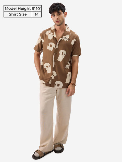 The Souled Store 4 Souls Holiday Men and Boys Short Sleeves Collared Neck Button Front Brown All Over Printed Cotton Shirts