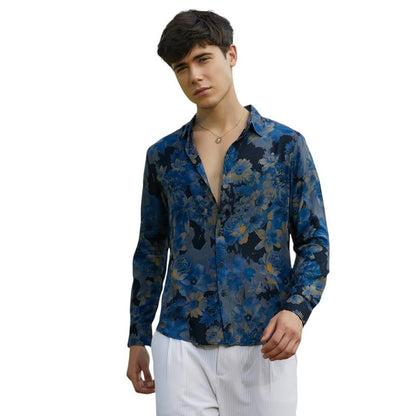 Campus Sutra Mens Lapis Blue Bi-Hue Daisy Shirt for Casual Wear | Spread Collar | Long Cuffed Sleeves | Button Closure | Shirt