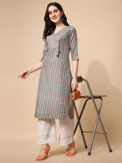 Nainvish Women'S Cotton Blend Straight V-Neck Printed Kurta (Sd417_K-S._Grey)