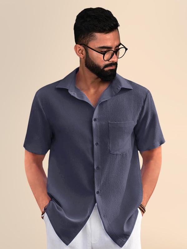 PinkMint Popcorn Shirt for Men ll Textured Shirts for Men ll Stylish Half Sleeve Shirt ll Goa Wear ll Regular Fit Shirt Light Pu