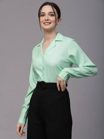 Style Quotient Women Mint Green Solid Twill Rayon Regular Formal Shirt
