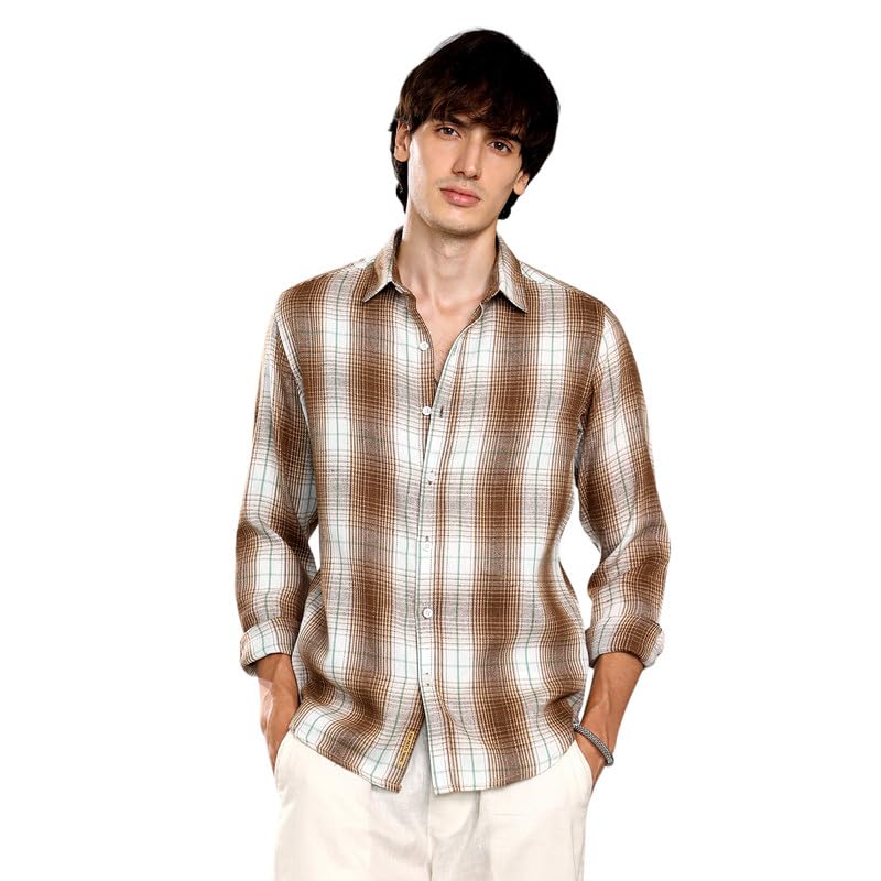 Campus Sutra Mens Chocolate Brown & Cream White Ombre Buffalo Check Shirt | Casual Wear | Spread Collar | Long Sleeve | Button