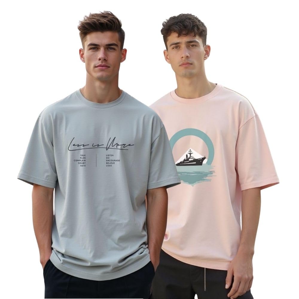 Nobero MenS Graphic Print Oversized Fit T-Shirt (1M-Twrt-C0869-X_Grey Melange/Blush