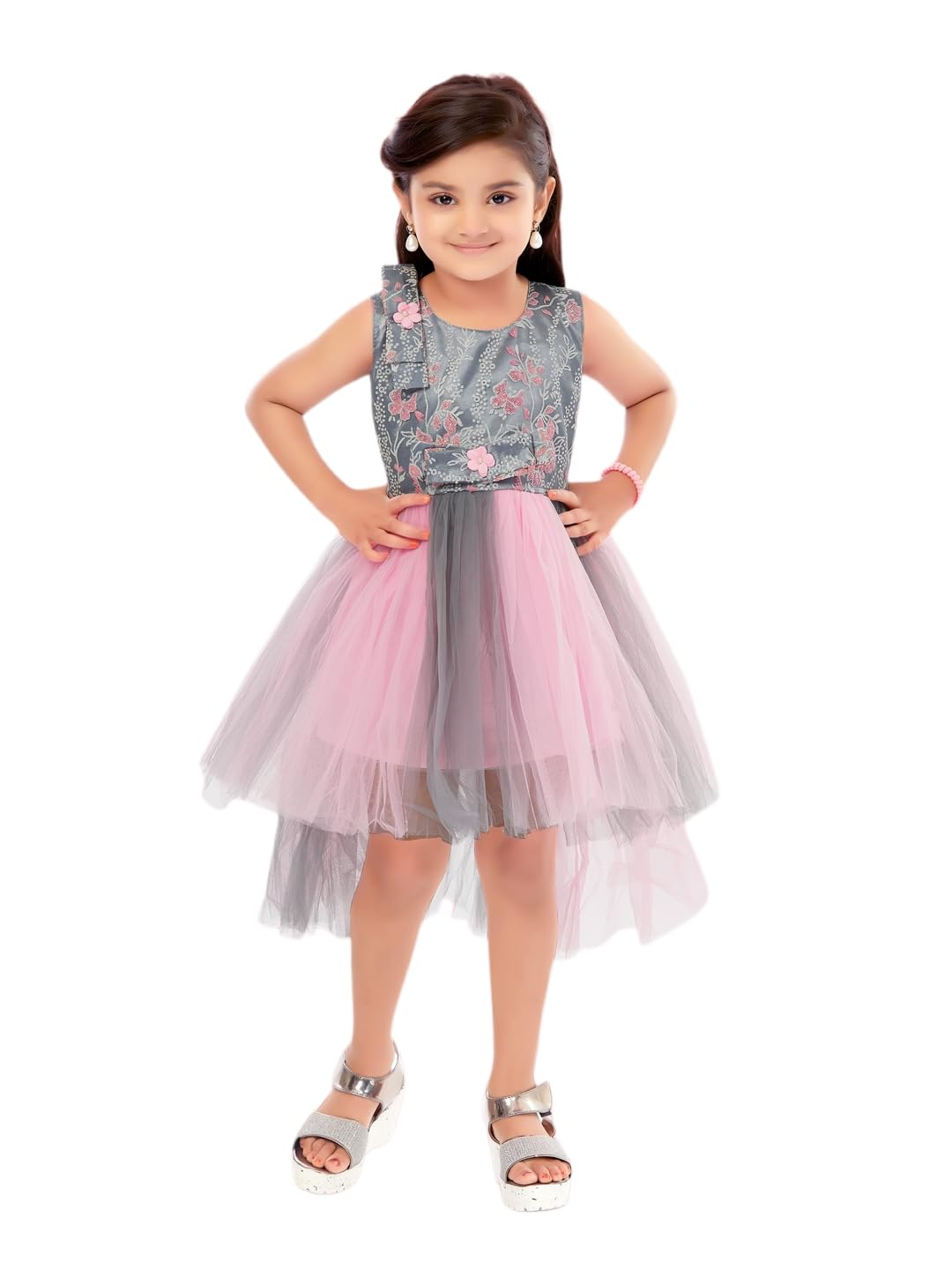 Aarika Girl's Net Fit and Flare Knee-Length Dress (SP-FK-30211_Pink