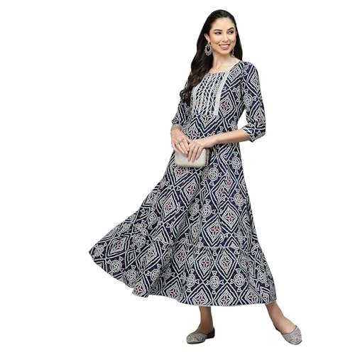 Stylum Women's Bandhej Printed Rayon Tiered Kurta (Navy Blue)