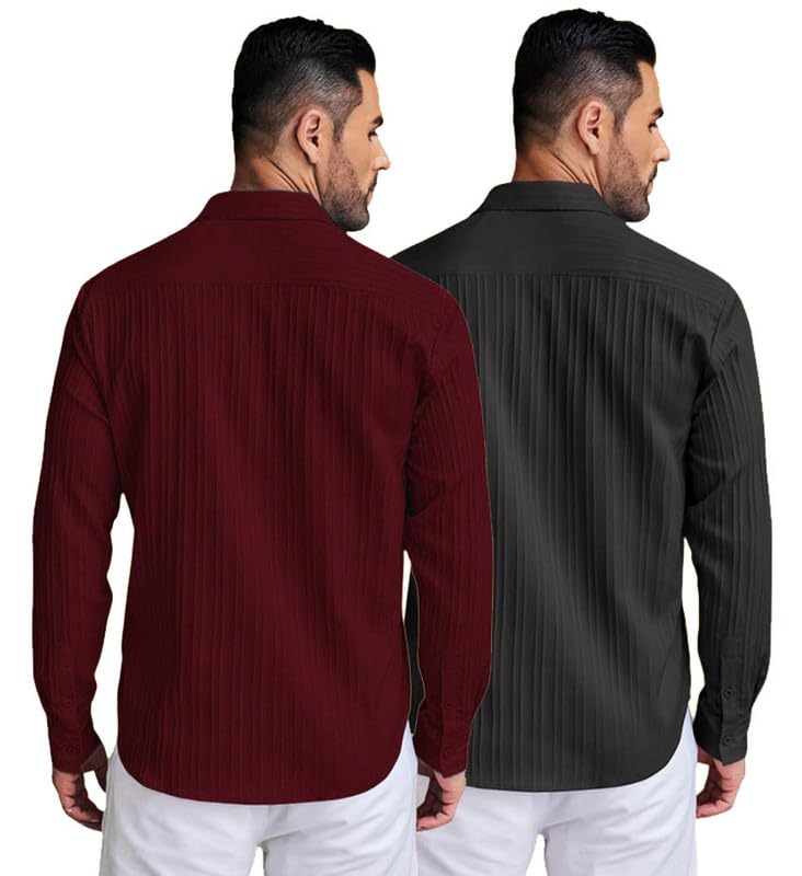 Deelmo Combo Of MenS Casual Button Down Shirts Long Sleeve Linen Shirt Fashion Textured Summer Shirts Pack Of 2