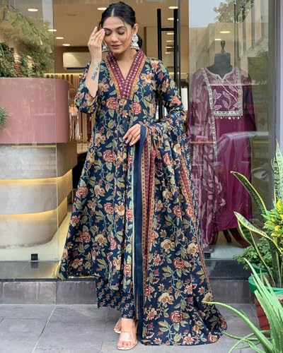 GoSriKi Women's Anarkali Kurta Set with Palazzo & Dupatta, Viscose, Size 50, Blue, Model CIA-CLRS-GS