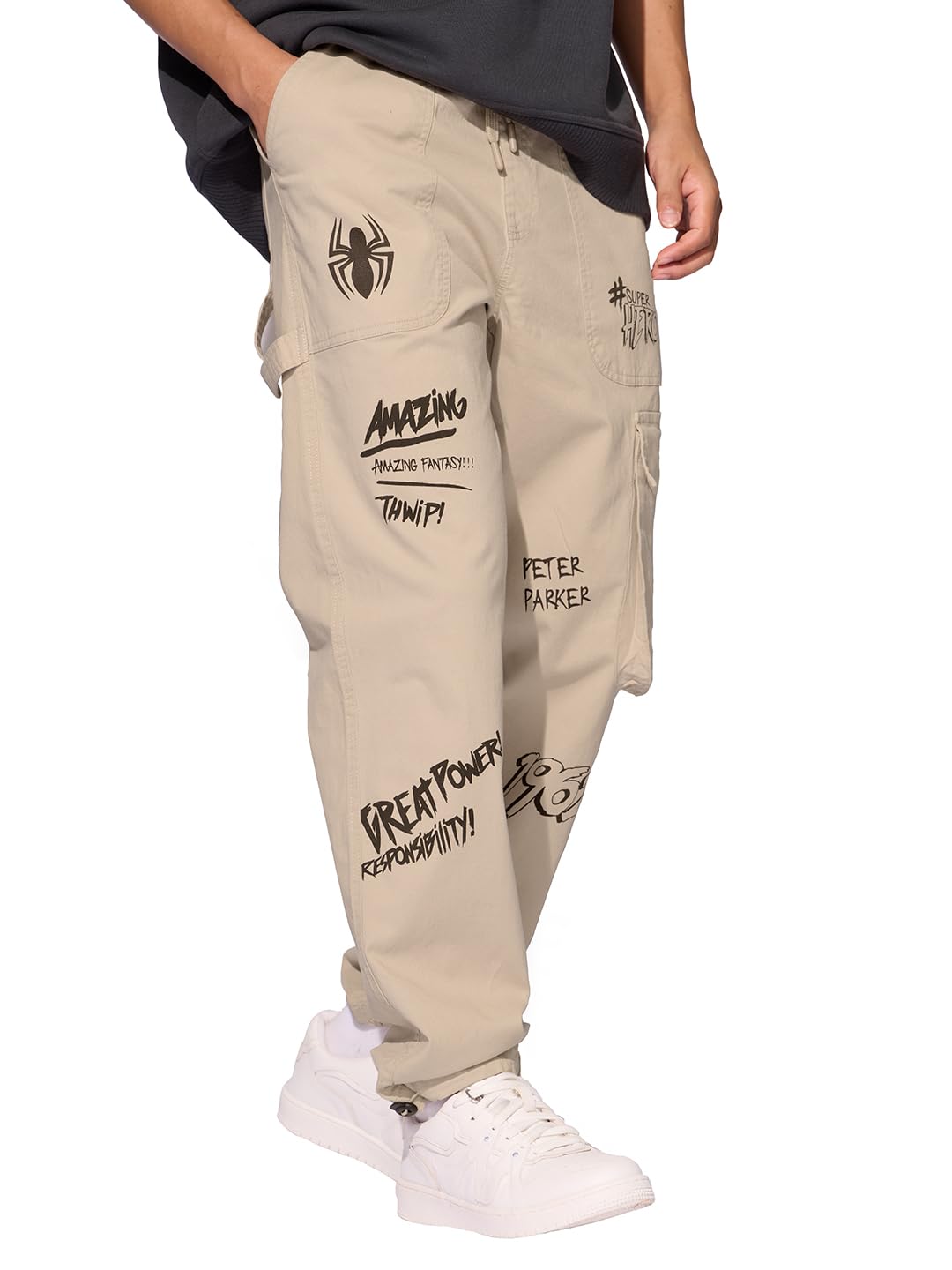The Souled Store Official Spider-Man: Web-Slinger Men and Boys Elasticated Toggles Leg Closure Beige Printed Cotton Blend Baggy