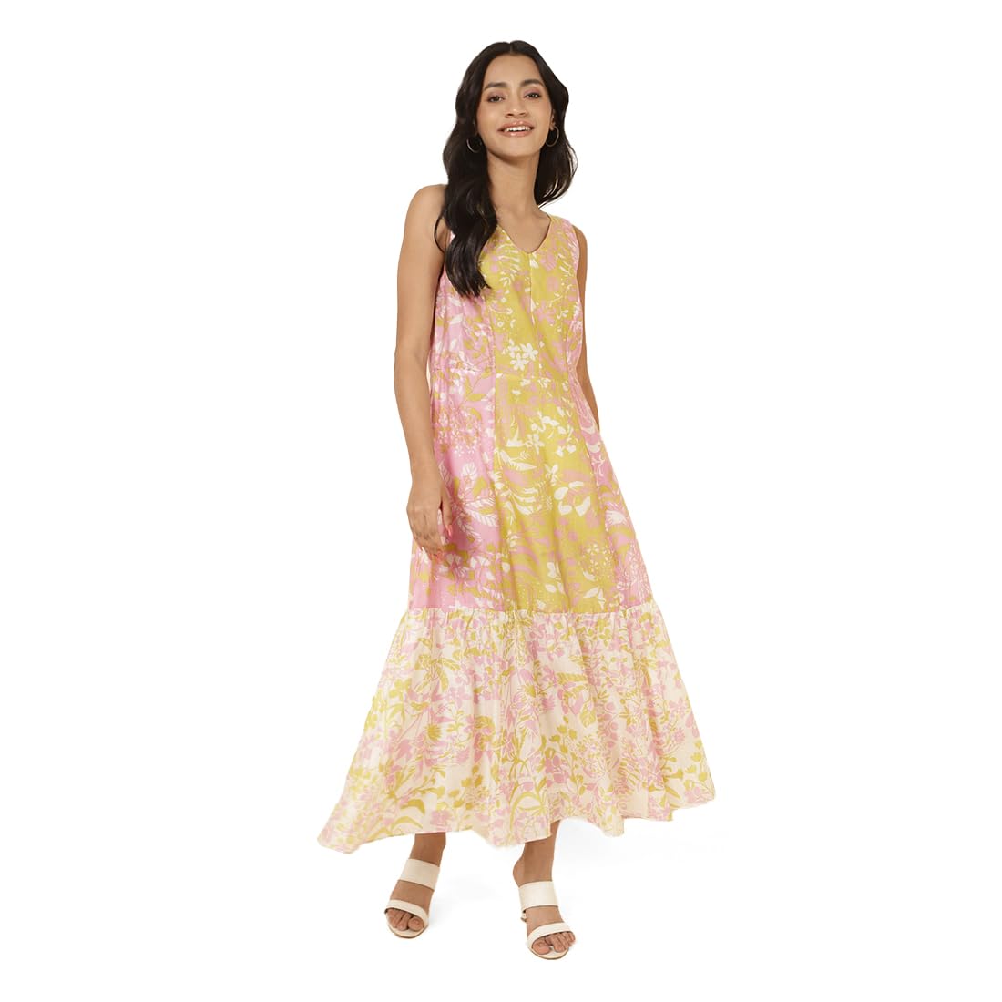 Fabindia WomenS Cotton Blend Modern Ankle Length Dress (20068698_Green-Pink