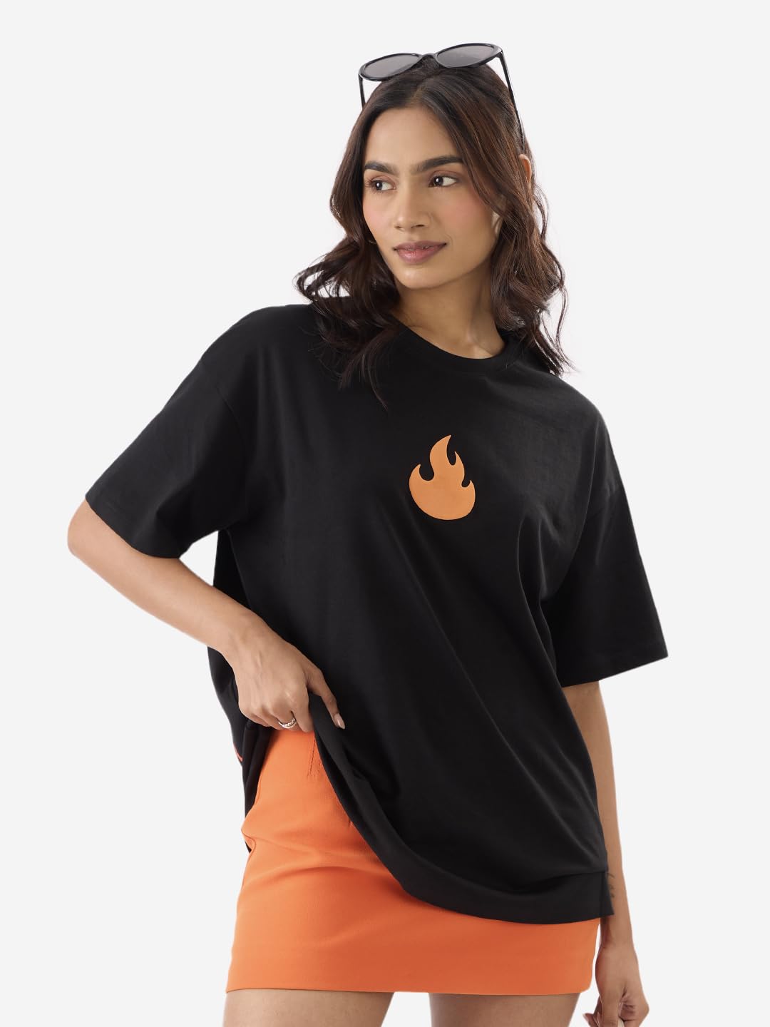 The Souled Store Official Disney: Stitch On Fire Women and Girls Short Sleeve Round Neck Black Graphic Printed Cotton Oversized