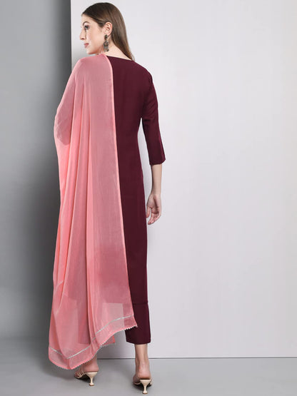 GoSriKi Women's Cotton Blend Solid Straight Kurta with Pants & Dupatta (KOSHA)