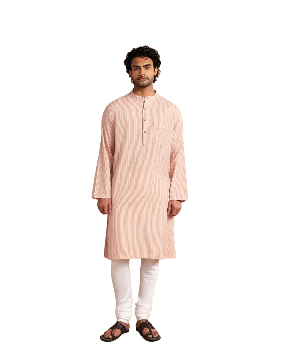 Fabindia Men Pink Striped Mandarin Collar Kurta