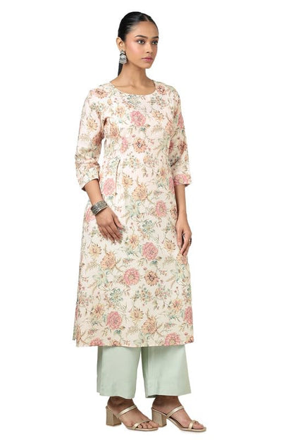 Soch Womens Beige Linen Floral Print Kurta with Beads and Stones